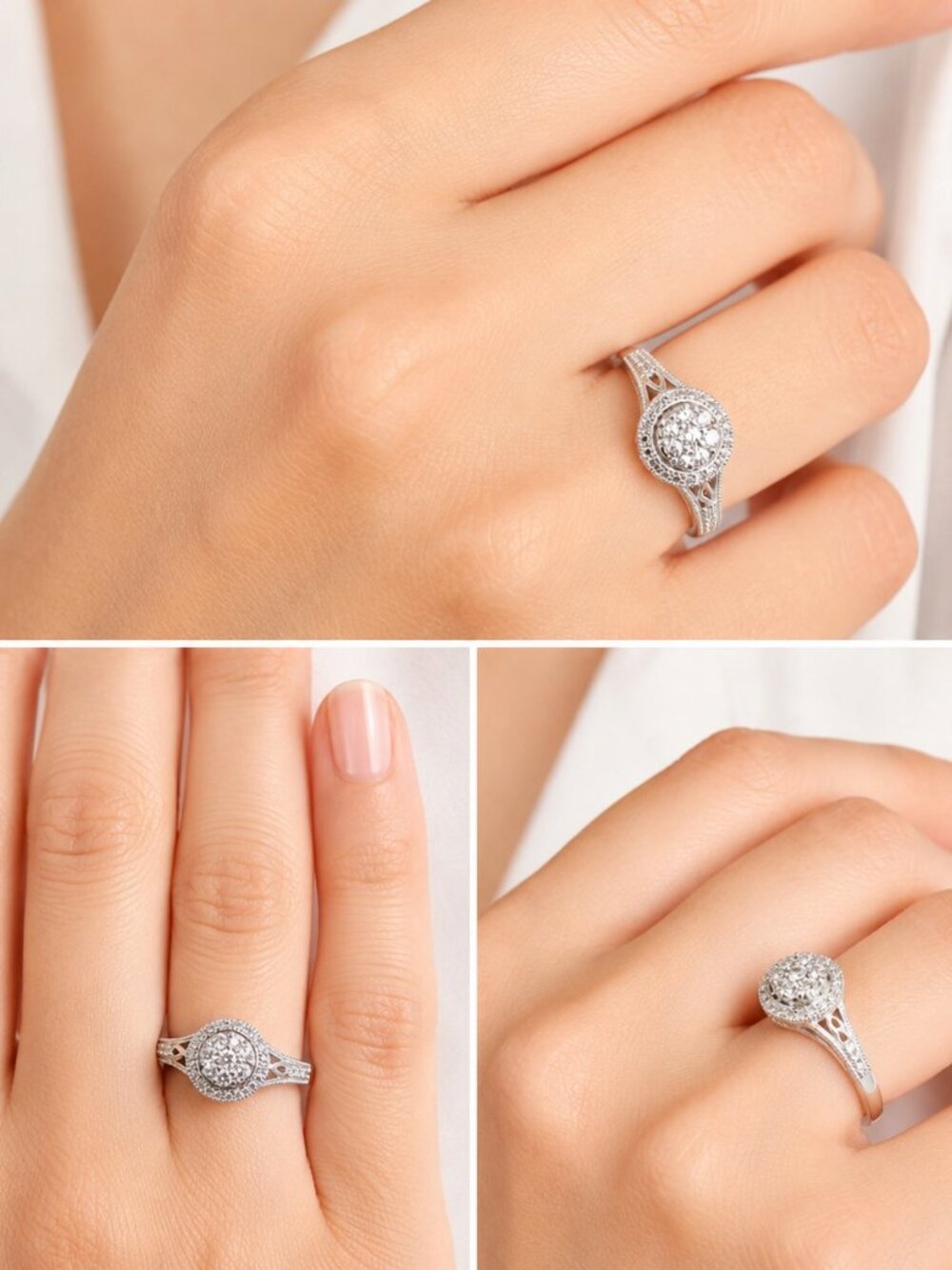 Beautiful natural diamond ring in sterling silver Halo Cluster Ring